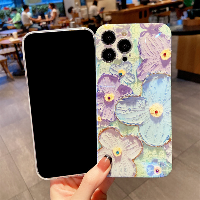 Pittura a olio Fiore margherita blu viola adatto per Apple 15 Pro/13 Custodia per telefono Flash Diamond iPhone 12 Promax Soft 14_voghion.com