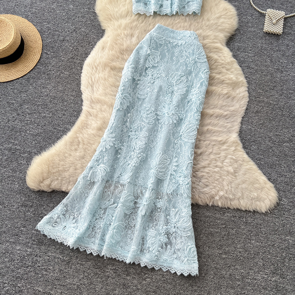 French Style Lace Patchwork Top And Skirt Set for Women Sexy Slimming Temperament Two-Piece Summer Outfit_ecoleips.com