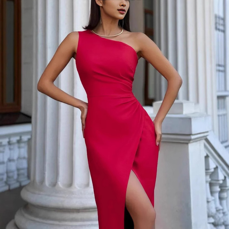 2026 European and American Amazon Summer New Design Stylish and Sexy Slim-Fit One-Shoulder Slit Satin Dress for Women