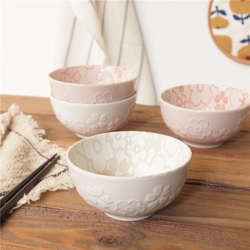 Underglaze Japanese style cherry blossom element rice bowl retro embossed beautiful eating bowl small soup bowl