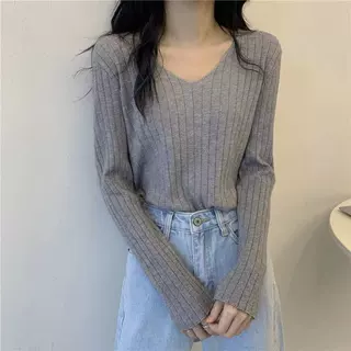 秋冬V领坑条针织衫毛衣女内搭长袖打底衫韩版外穿宽松显瘦上衣