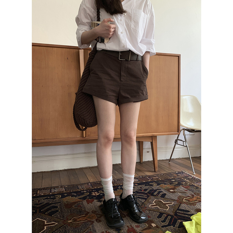 Hellooo Eat 美式复古显瘦休闲短裤2025夏季通勤百搭棕色直筒裤女|undefined