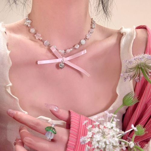 Bow Love Beaded Necklace Women's 2023 New Clavicle Chain Light Luxury Niche Design High-End Necklace