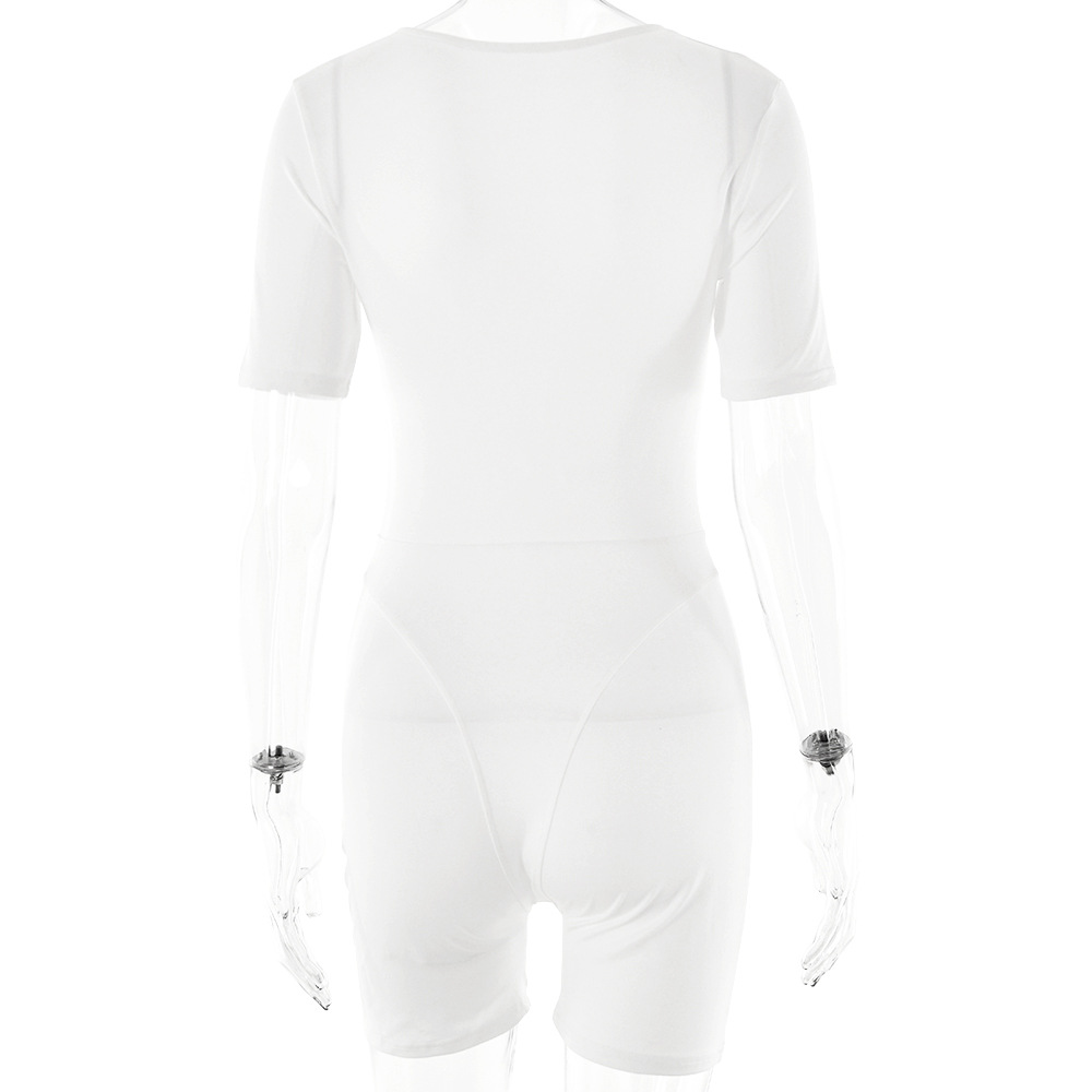 Popular Sexy Tight Jumpsuit Spring Summer Short Sleeve V Neck Patchwork Bottoming Shirt Women