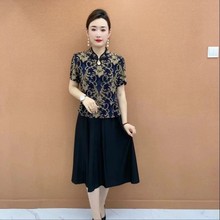 新款妈妈装复古拼接中长裙时尚气质显瘦高档改良旗袍假两件连衣裙