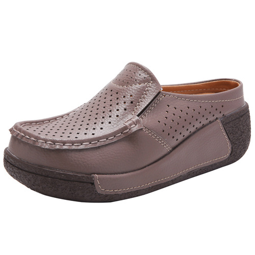 Summer Genuine Leather Outerwear Slip-On Half-Pull-on Sandals for Women, Thick Sole with Holes and Platform, for Middle-Aged and Elderly Mothers, One-Strap Slippers