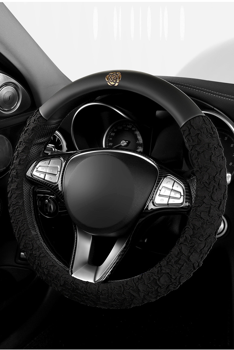New All-Season Camellia Car Steering Wheel Cover, Delicate, Breathable and Wear-Resistant Pebbled Leather Soft Handle Cover