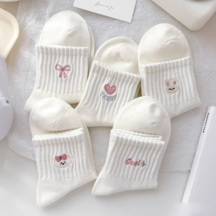 White Socks Women's Spring and Summer Ins Trendy Korean-style Japanese-style Cute Cartoon Embroidered Mid-tube Stacked Socks Summer Short Socks