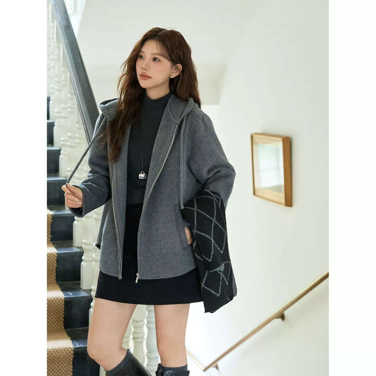 大码女装宽松休闲初冬连帽双面呢休闲大衣女百搭穿搭时尚显瘦外套