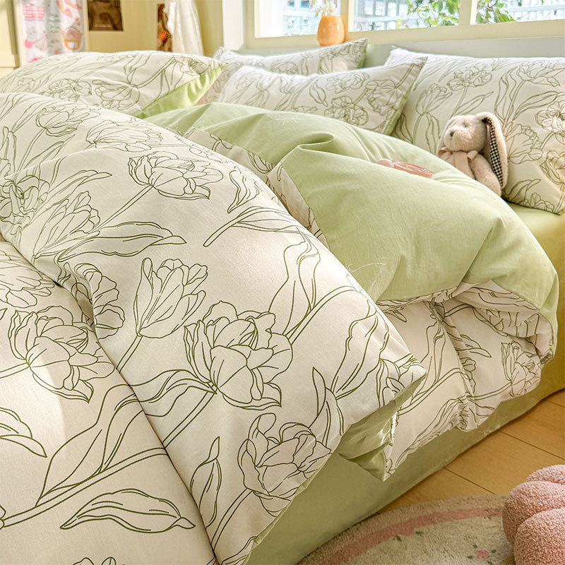 Juego de cuatro piezas de algodón fresco, juego de tres piezas de algodón, funda de edredón gruesa para el hogar, sábana de dormitorio, lijado, cama individual para estudiantes