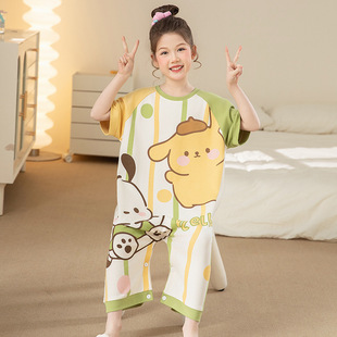 Girls' One-Piece Pajamas Short-Sleeved Pure Cotton Thin Medium and Large Kidsren's Cartoon Kidsren's Cartoon Air-Conditioned Home Clothes 2025 New Style
