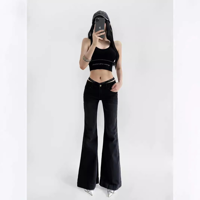 Hot Girl Waist Retro Slightly Spicy Jeans Women's Washed Nostalgic V-Waist Slimming Look Stretch Flared Wide-Leg Pants