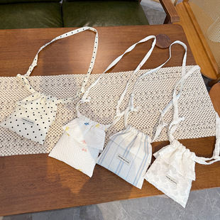 Summer Bow Polka Dot Lace Fungus Crossbody Drawstring Dual-Purpose Bag Fashionable and Versatile Walking Bag