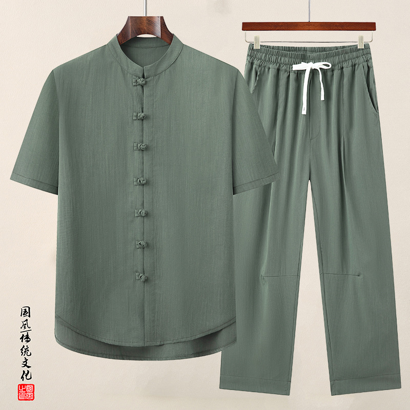 2024 New Dad Summer Linen Suit Middle-aged and Elderly Tang Suit Men's Short-sleeved Chinese Style Cotton and Linen Grandpa Clothes