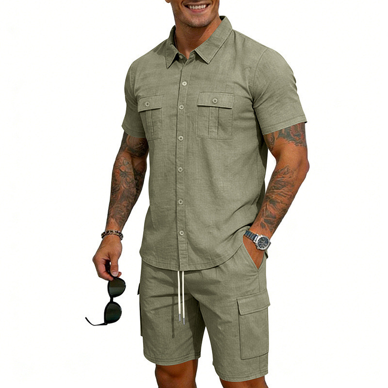 Men's Summer Linen Shirt And Work Shorts Set Casual Sports Outdoor Loose Fit Short Sleeved Collared Suit_viptrois.com