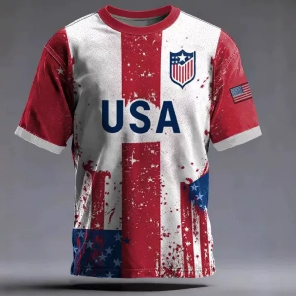 Summer Thin Breathable Men's T-Shirt with 3D Digital Print of American Flag Elements, Casual and Versatile Short-Sleeved Top for Men