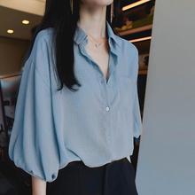 夏季新款韩版五分袖衬衫女雪纺灯笼袖上衣复古宽松纯色衬衣潮