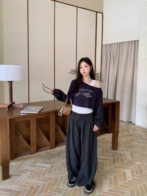 大码女装设计感配吊带两件套上衣罩衫女夏外搭灰色长袖t恤衫|undefined