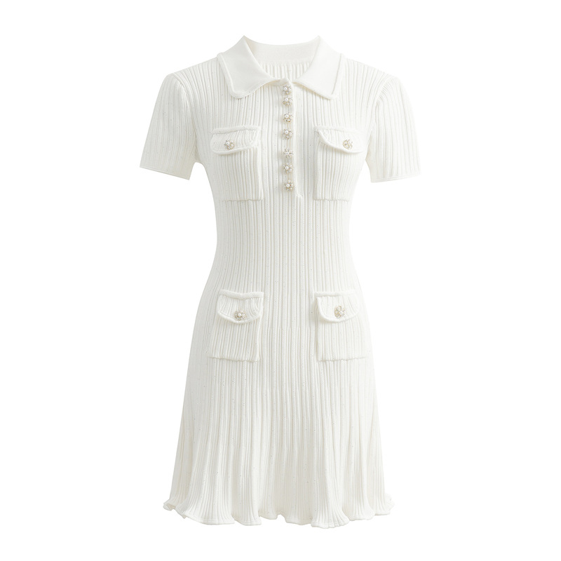 Sp Spring and Summer New Classic White Small Fragrant Knitted Dress with Waist Slimming Look and Elegant Diamond Thread A-Line
