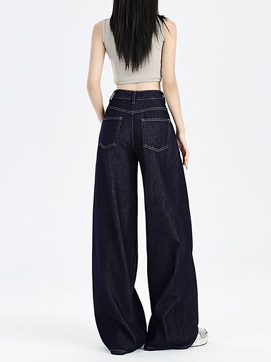 Spring and Autumn American-Style Dark Blue Jeans for Women 2026 New Model Petite High-Waisted Slimming Straight Loose Wide-Leg Pants