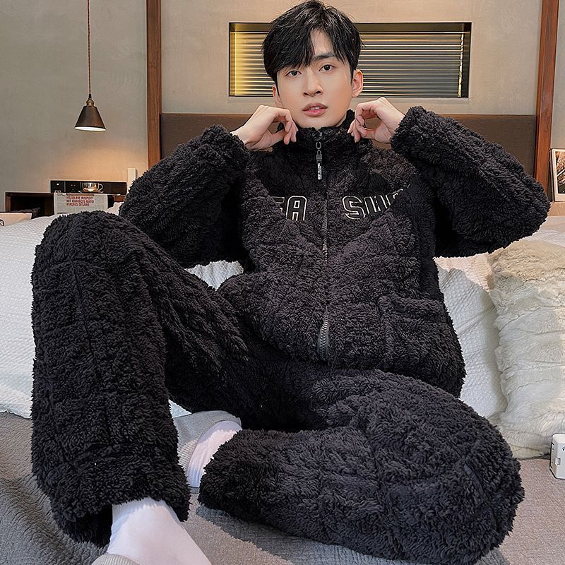 Middle School Students' Flannel Three-Layer Quilted Extra Thick Fleece-Lined Casual Men's Pajamas Outer Wear Large Size Windproof Heat Storage Suit