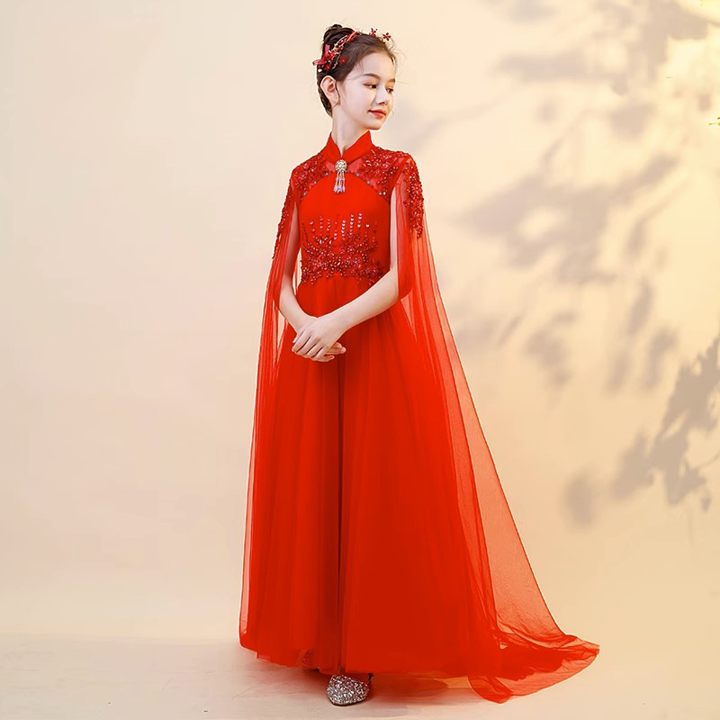 Children's Guzheng Performance Costume for Girls, Chinese Red Qipao for Stage Performance, Schoolgirl Art Exam Dress