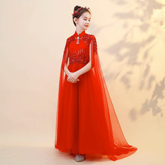 Children's Guzheng Performance Costume for Girls, Chinese Red Qipao for Stage Performance, Schoolgirl Art Exam Dress
