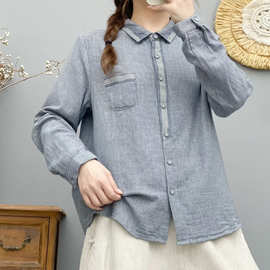衬衫女春秋长袖外套上衣双层棉纱潮衬衣打底千鸟格拼色条纹衬衫