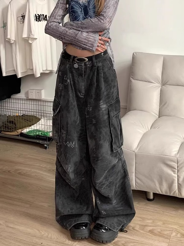 大码复古做旧迷彩蛇纹工装阔腿裤女2025夏美式街头百搭多口袋长裤|undefined