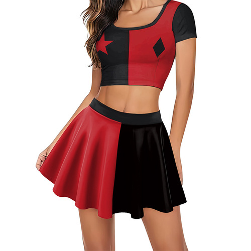 Cos costume clown female cheerleader pleated skirt suit digital printed short skirt women's casual short-sleeved half-body skirt