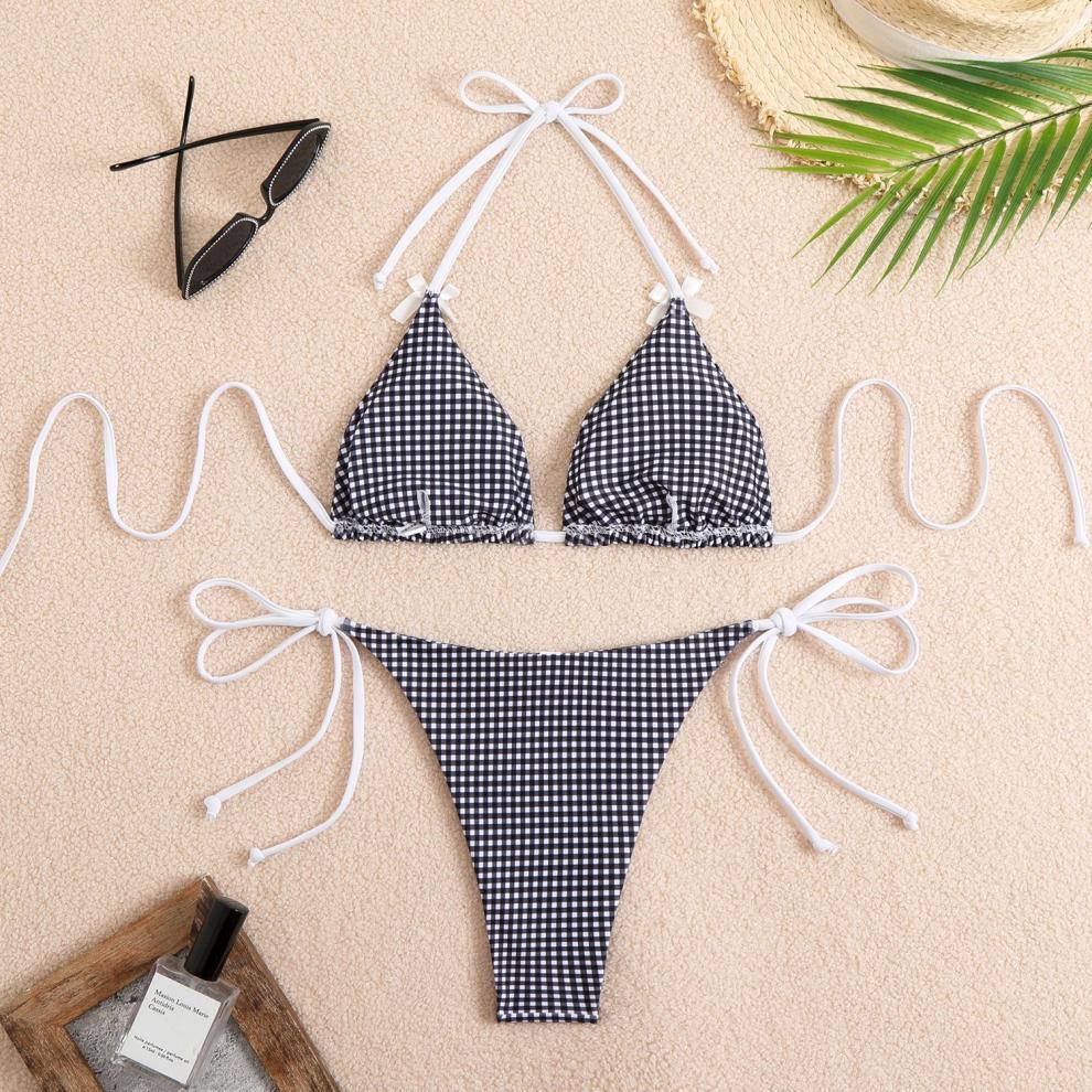 Bikini Swimwear Women Split Bikini Plaid Printed Bow Sexy Swimsuit