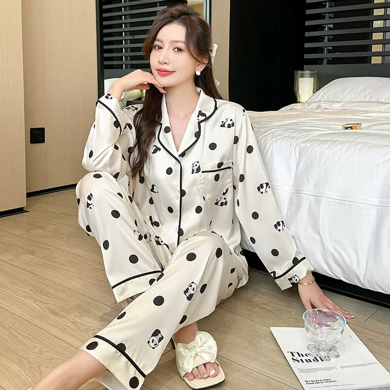 睡衣女士春秋款冰丝长袖时尚波点家居服夏季薄款空调服套装秋1159