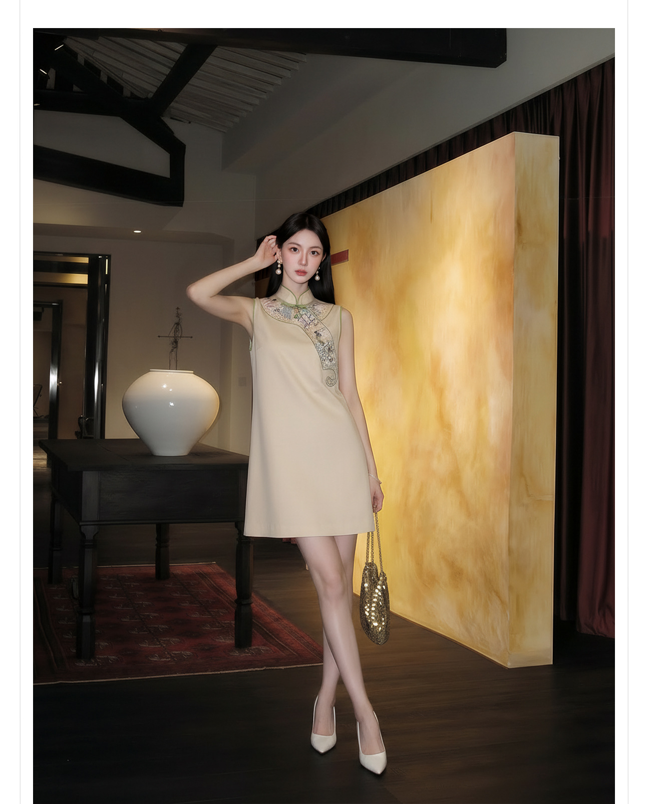 Đầm suông nữ midi phong cách quốc phong, tay không, thêu họa tiết — màu mơ chi tiết 6