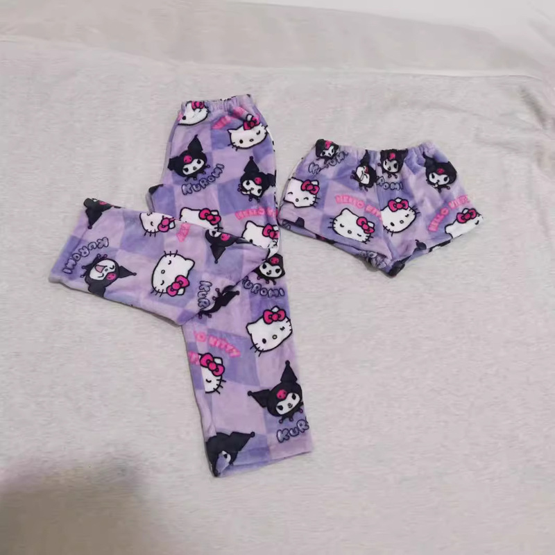Casual Sports Shorts Flannel Cartoon Kt Catwoman Summer New Elastic Waist Pajamas Wide Leg Shorts Trendy Export