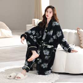 珊瑚绒睡衣女冬季2023新款加绒加厚法兰绒睡袍长款冬天家居服套装