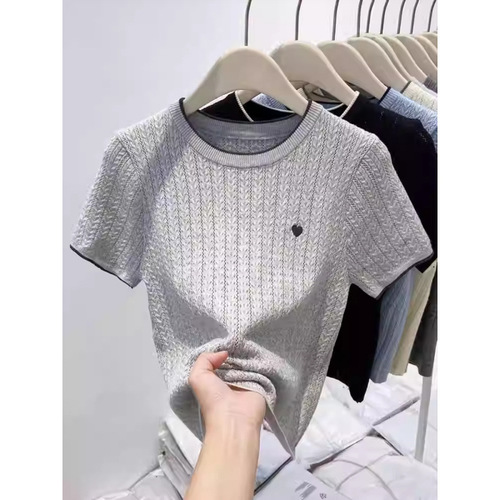 Shoulder knitted short-sleeved shirt for women 2026 summer new style contrasting color round neck embroidery short underlining shirt top