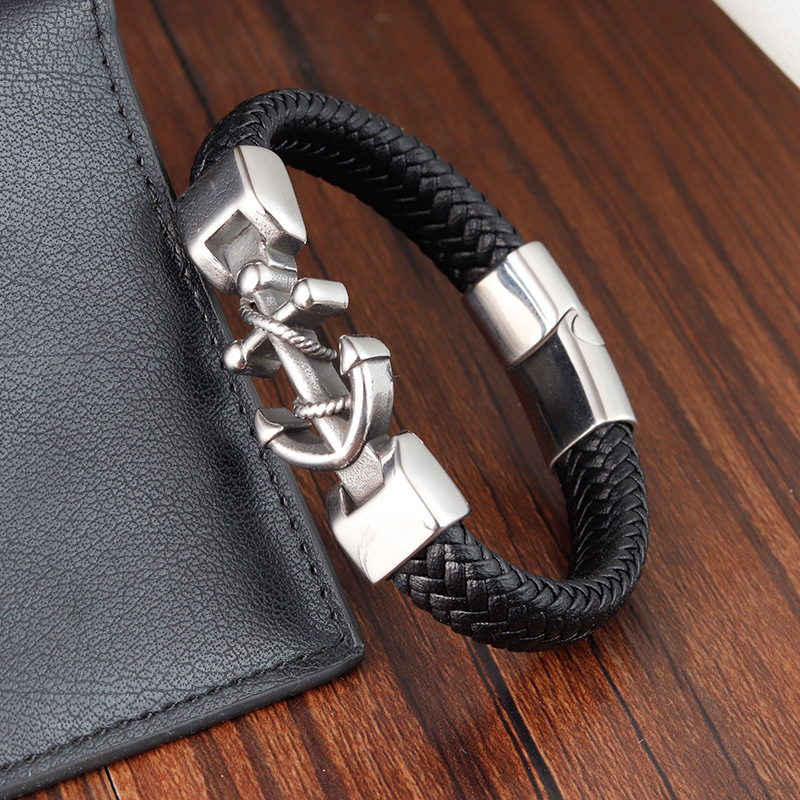 1 Piece Quantity Retro 316L Stainless Steel  Leather Anchor Men Cord & Leather Bracelets