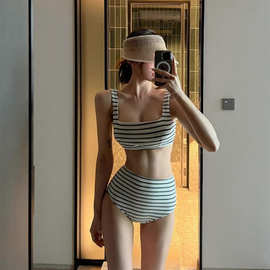 日韩跨境比基尼2023新款条纹果冻条运动分体泳衣两件套高腰bikini