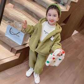 女童时尚保暖加绒两件套2024秋冬新款连帽卫衣外套休闲长裤女孩潮