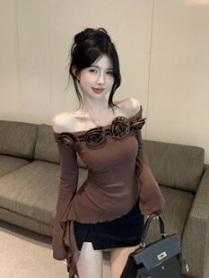 Shoulder Irregular Flower Long-sleeved T-shirt Women's Autumn and Winter Pure Spice Girls Shoulder Top Beautiful Base Shirt
