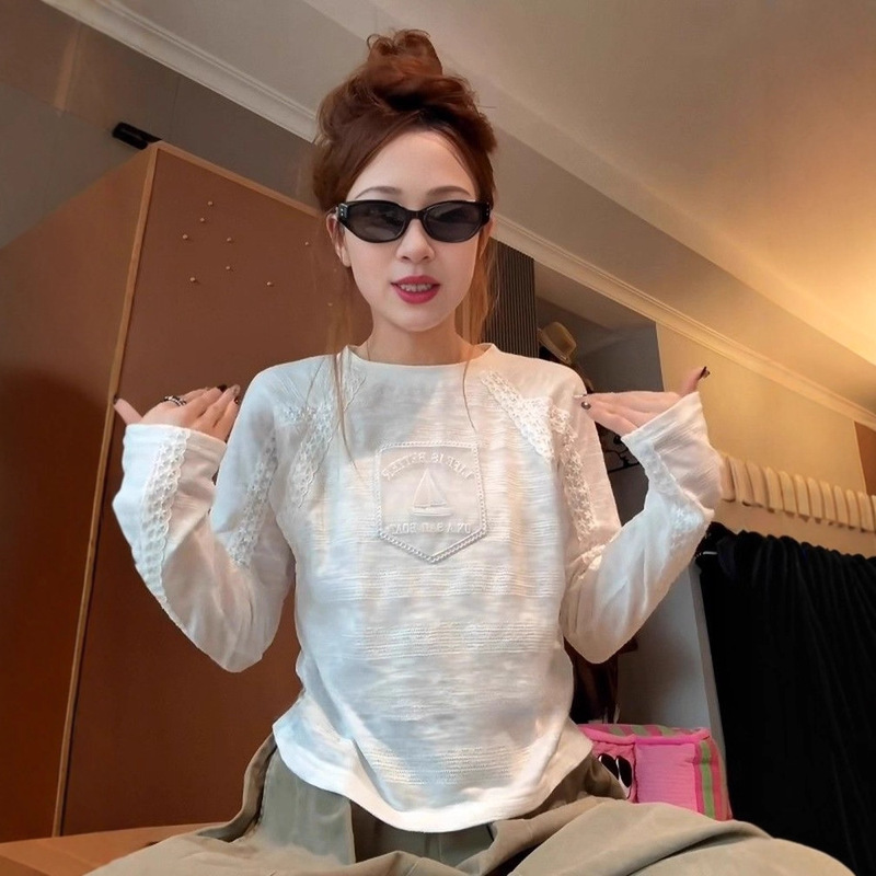 Fashionable and Versatile Lazy Style Spliced ​​Lace Long-Sleeved T-Shirt for Women Early Autum Round Neck White Unique and Super Nice Top