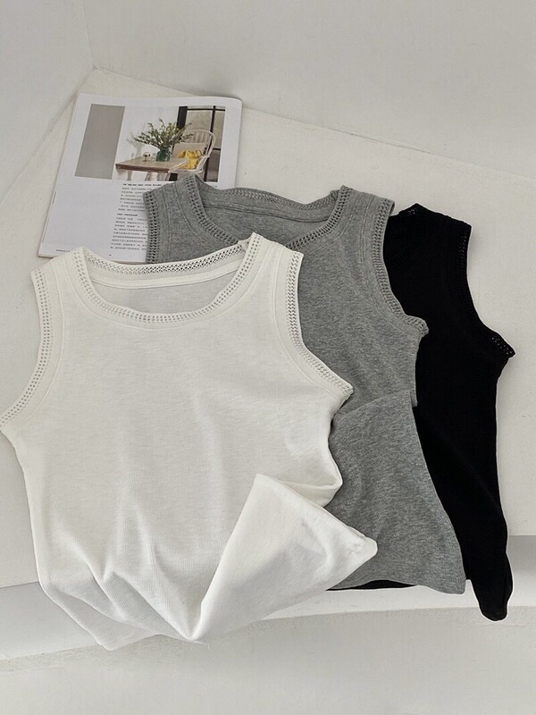 Summer Korean-Style Simple Solid Color Hollow-Out Ribbed Patchwork Vest for Women, Round Neck Sleeveless Slimming Top 2708