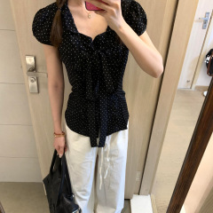 法式复古波点蝴蝶结短袖衬衫女夏季设计感小众修身显瘦泡泡袖上衣