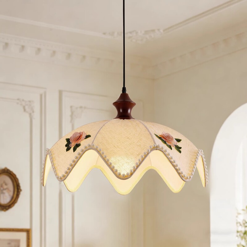 Medieval-Style Fabric Dining Room Chandelier, French-Style Bedroom, Living Room, Island Table, Patterned Embroidery, Pearl, Retro Solid Wood Lampshade