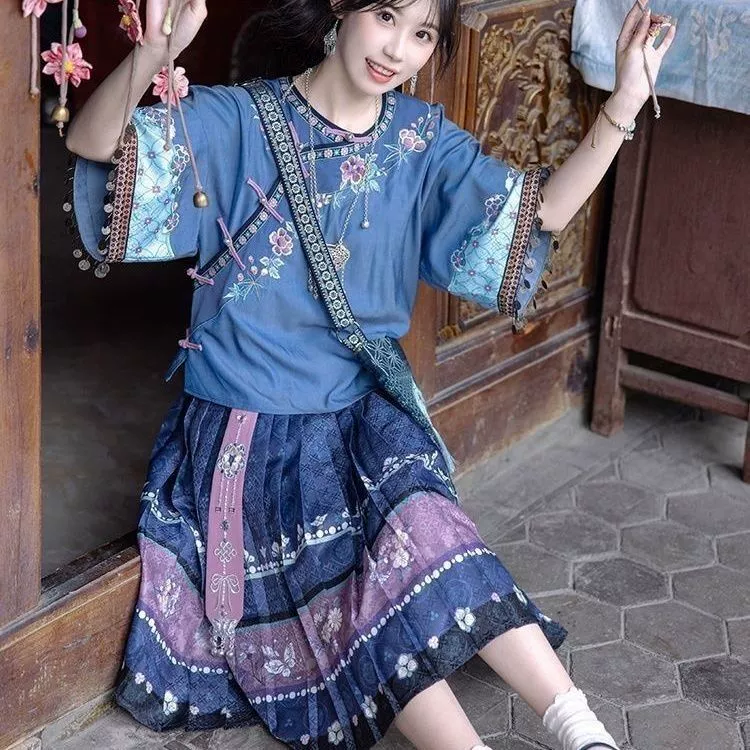Лето 2024, женский топ и юбка с косыми лацканами в китайском стиле, синий окрашенный Hanfu, повседневный комплект из двух предметов в этническом стиле