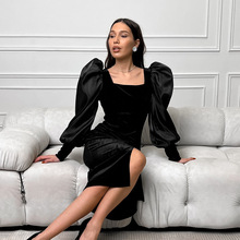 黑色性感气质感方领泡泡袖针织韩国绒直筒修身连衣裙欧美时尚短裙