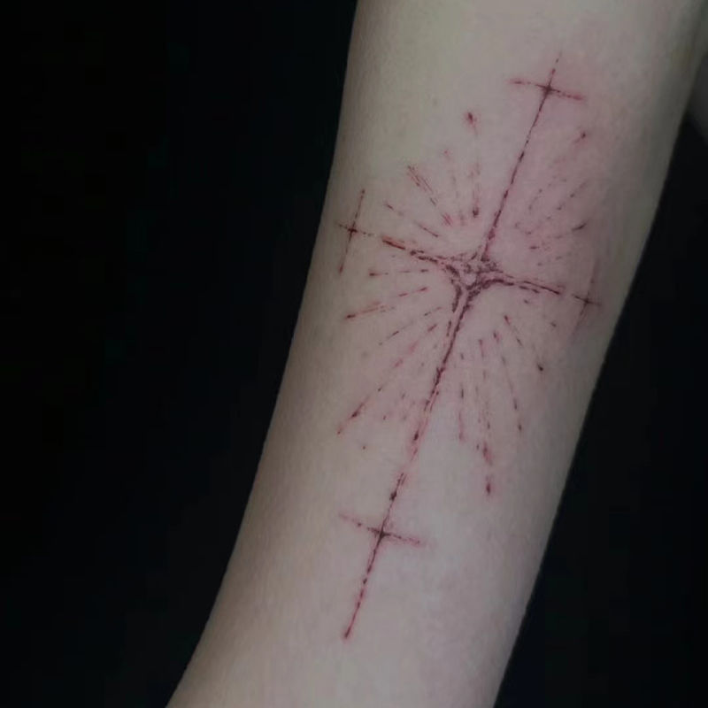 Cross Scar Artificial Painted Colorful Tattoo Stickers Waterproof High-End Arm Clavicle Trick Halloween Ins Style Stickers