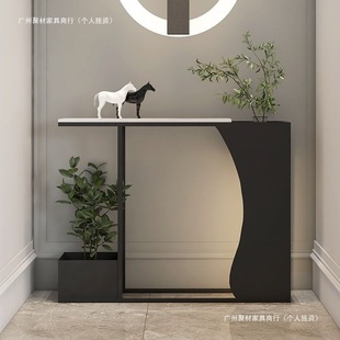 Modern Foyer Table with Iron Art, Light Luxury, Extremely Narrow Entrance Hall Corridor, Creative Rock Slab Stone Entryway, High-End Flower Stand Foyer Cabinet