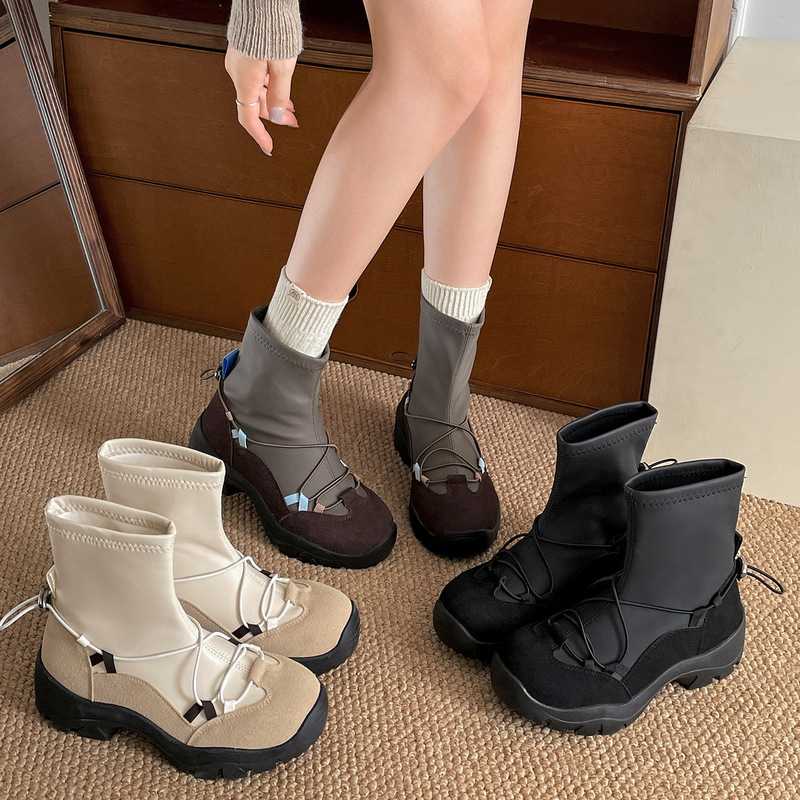 女王范黑色复古厚底靴子女短靴2025新款秋季百搭增高显瘦弹力靴|undefined