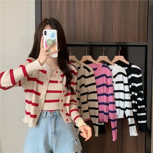 Striped Long-Sleeved Round Neck Short Knitted Cardigan + Summer Inner Stripesd Camisole Women's Top Two-Piece Set for Women